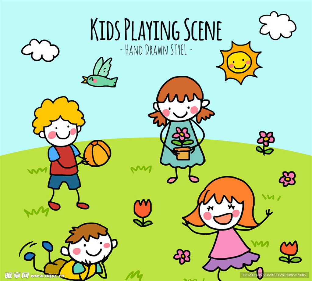 彩绘草地上玩耍的4个儿童