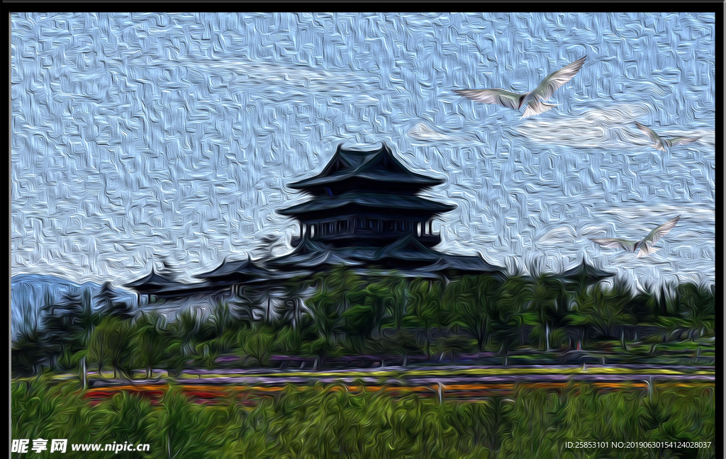 塔油画