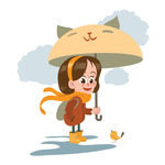 卡通打伞的女孩和鸟