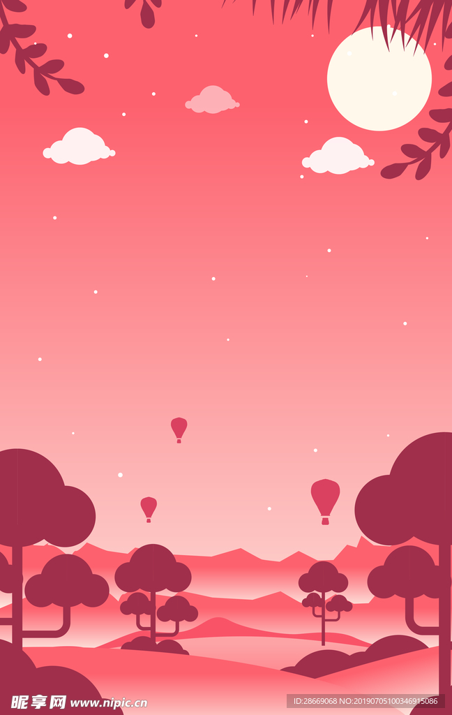 红色森林树林卡通唯美插画背景
