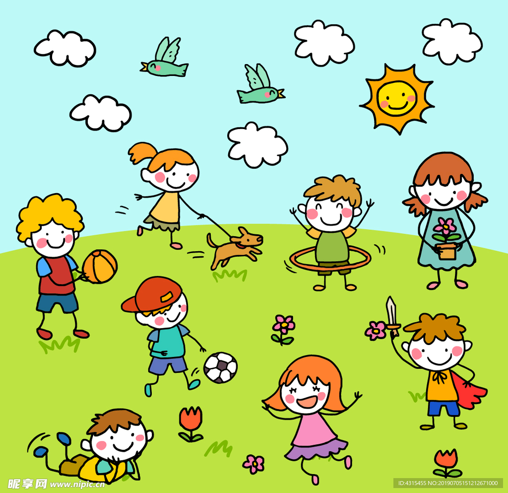 彩绘草地上玩耍的儿童