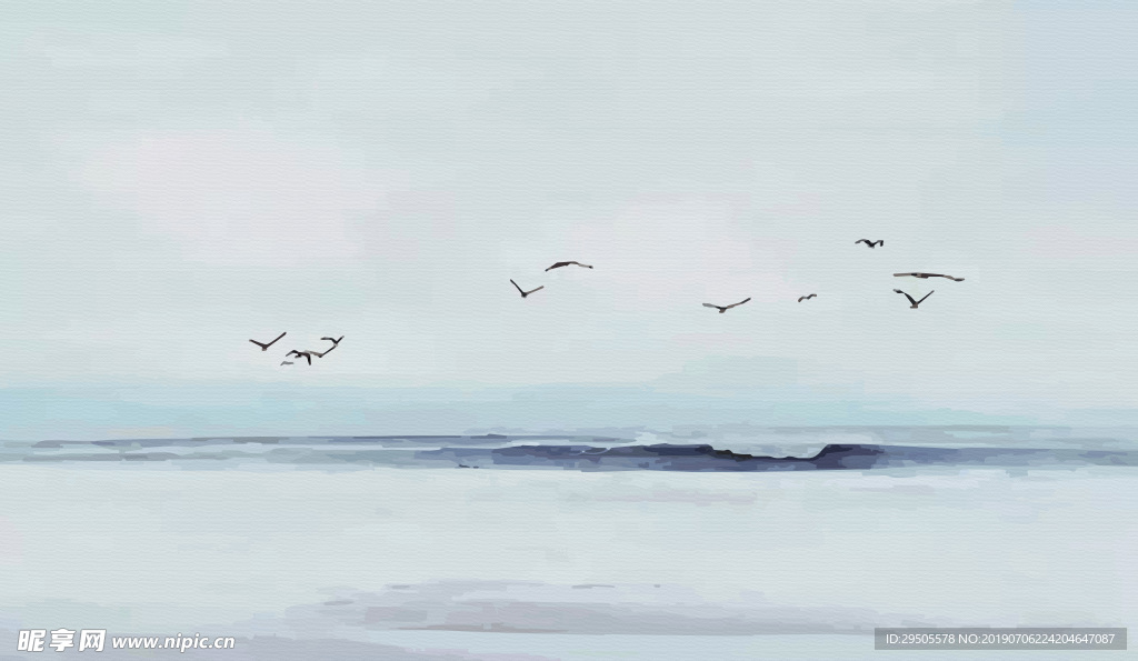 手绘大海海鸥电视背景墙装饰画