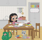 卡通做作业的女孩和猫咪