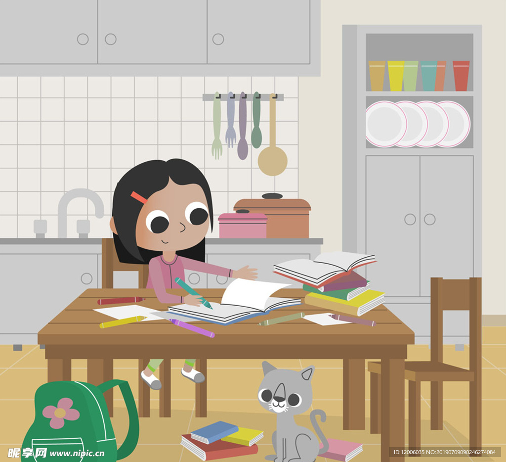 卡通做作业的女孩和猫咪