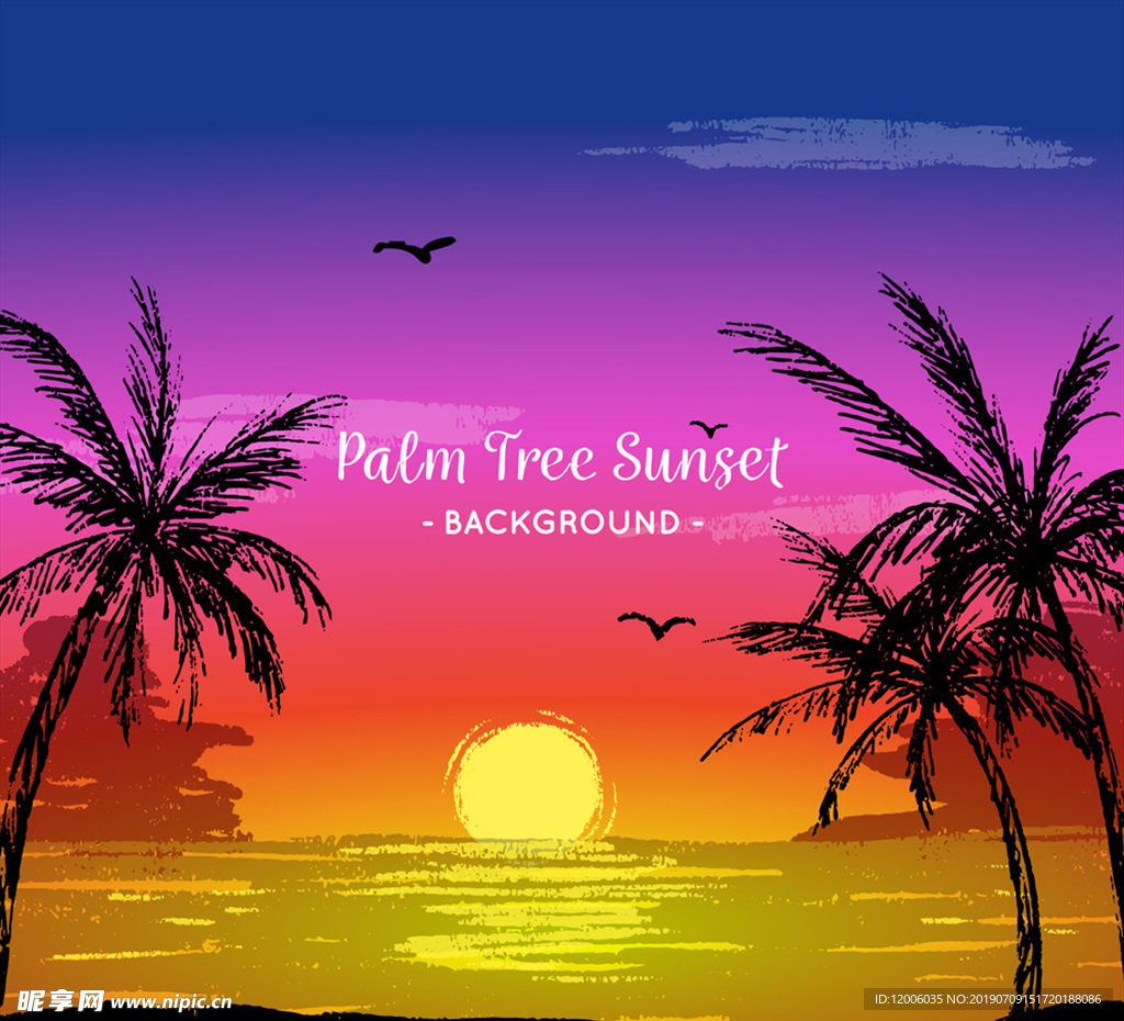 手绘海滩夕阳和棕榈树