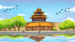 天空古建筑飞鸟湖水绿树