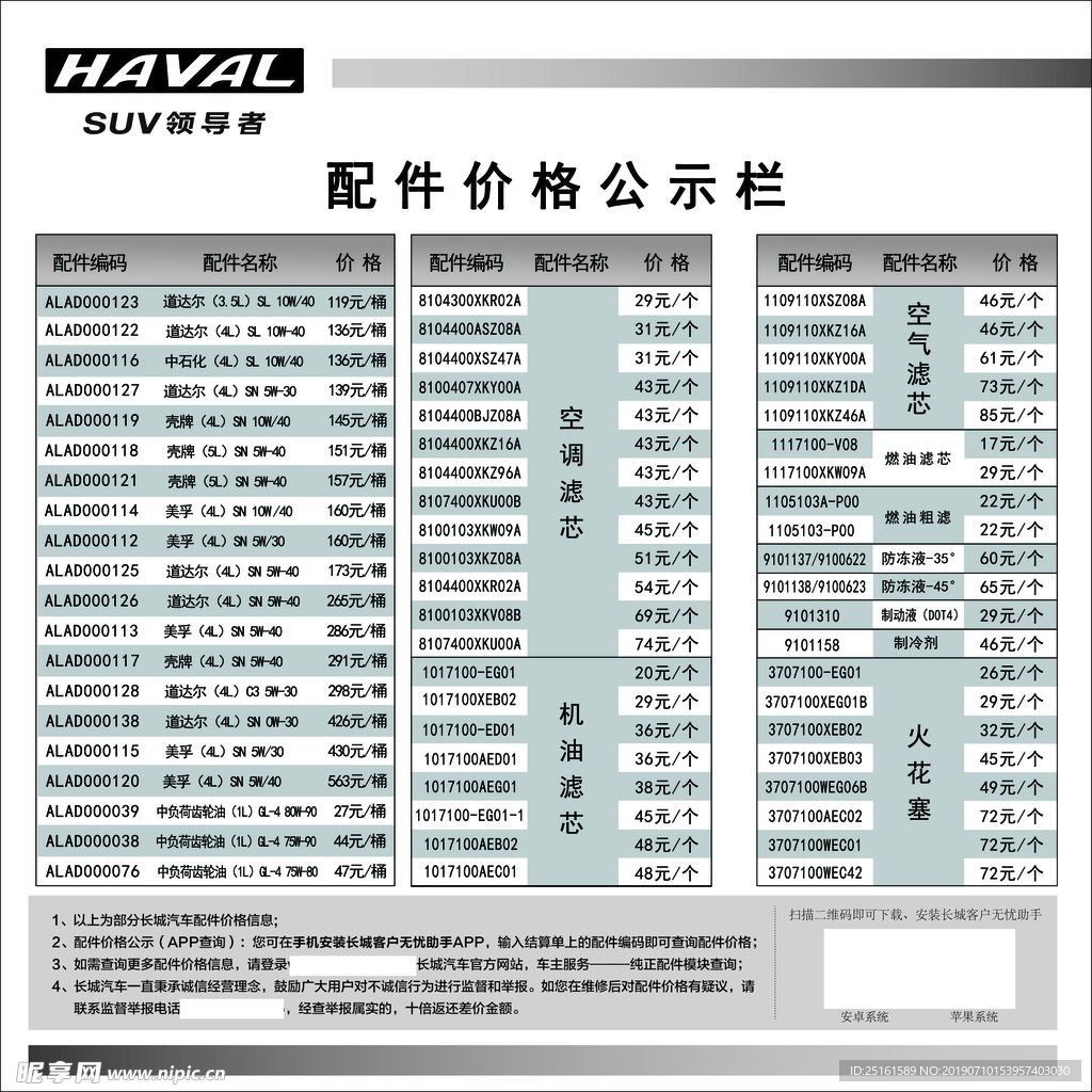 配件价格公示栏
