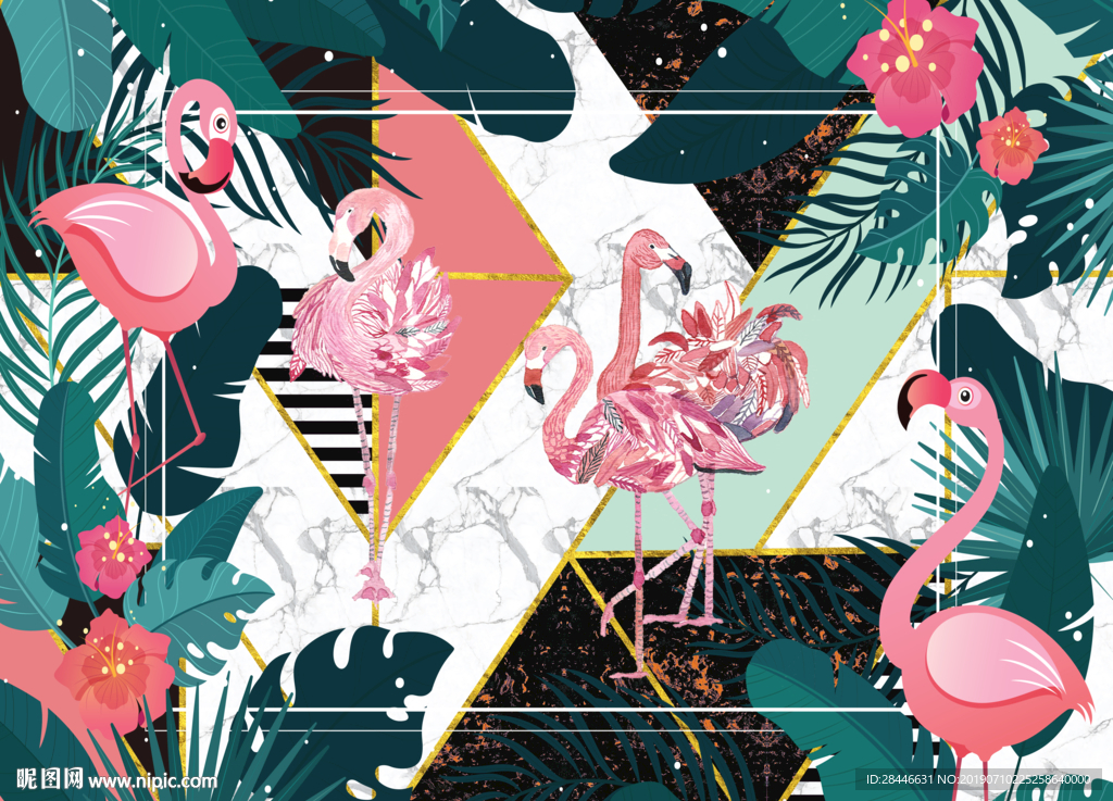 北欧简约时尚几何火烈鸟背景墙