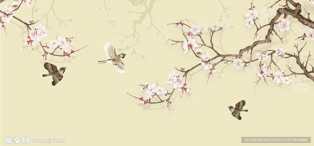 新中式花鸟壁画背景