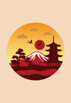 日本富士山红白剪影