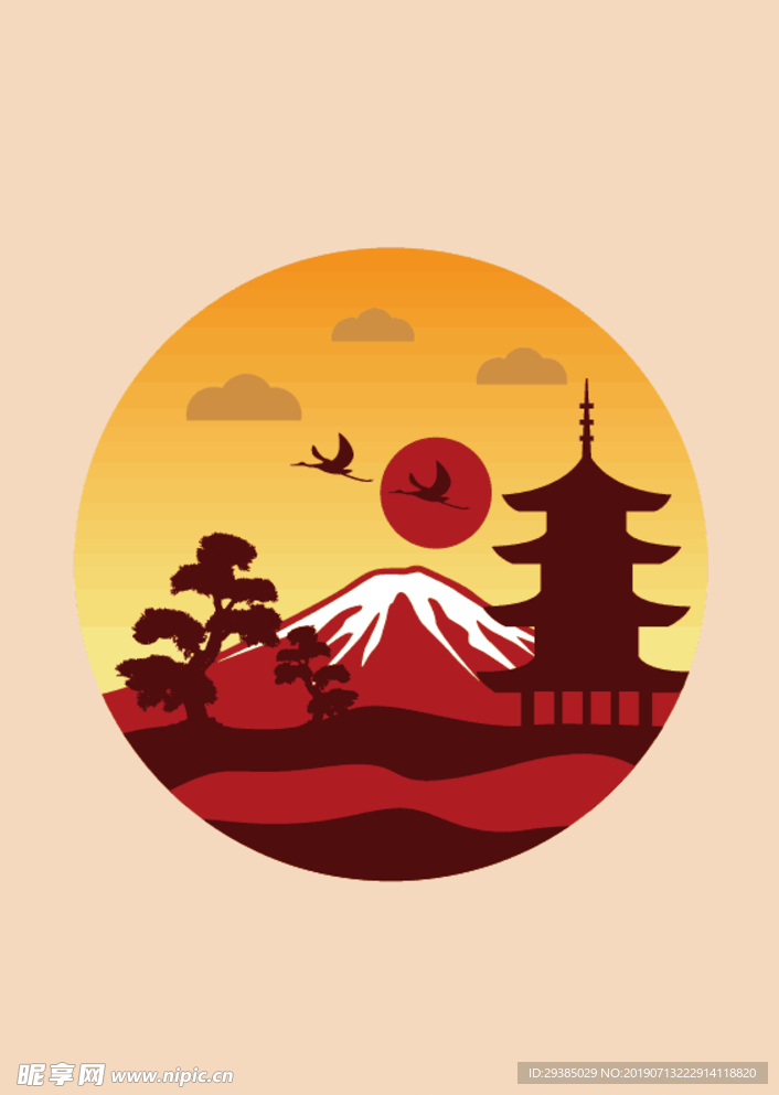 日本富士山红白剪影
