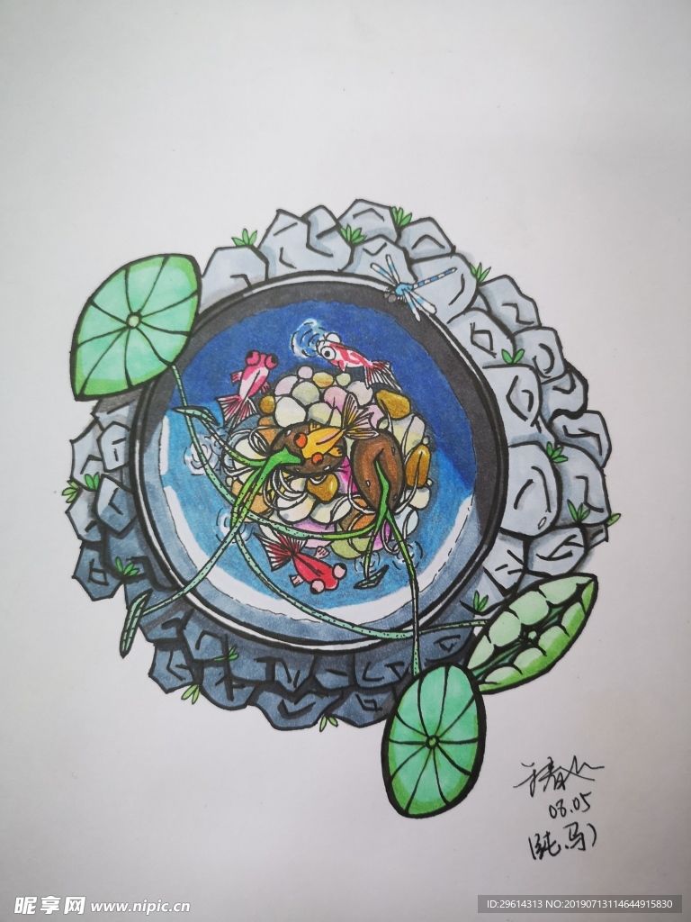 夏日玩物小荷塘插画