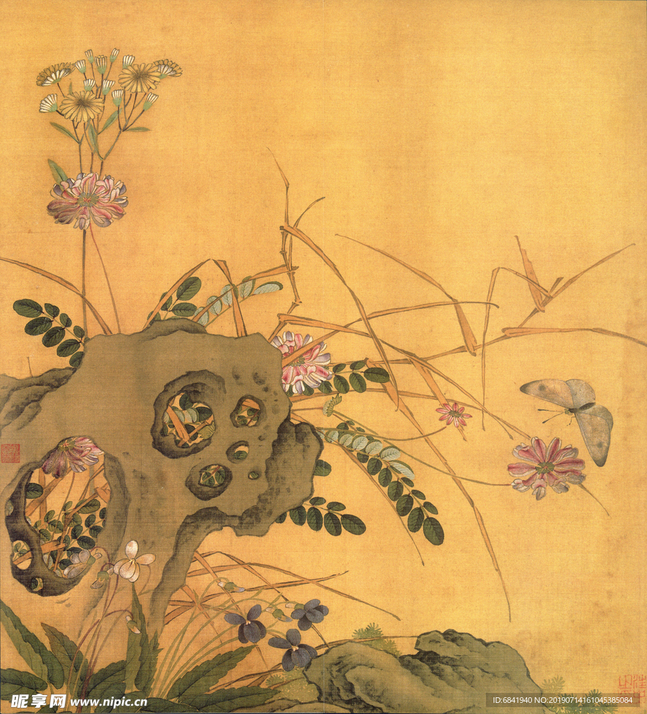 明朝汪中 古画山石植物蝴蝶