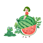 女孩卡通青蛙西瓜藤绿色食品手绘
