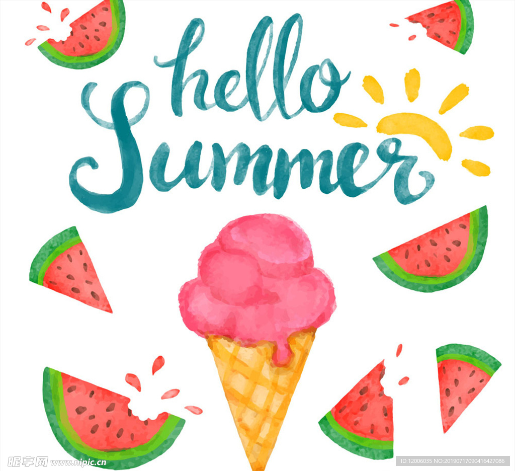 彩绘夏季冰淇淋和西瓜