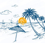 彩绘夏季海滩棕榈树风景