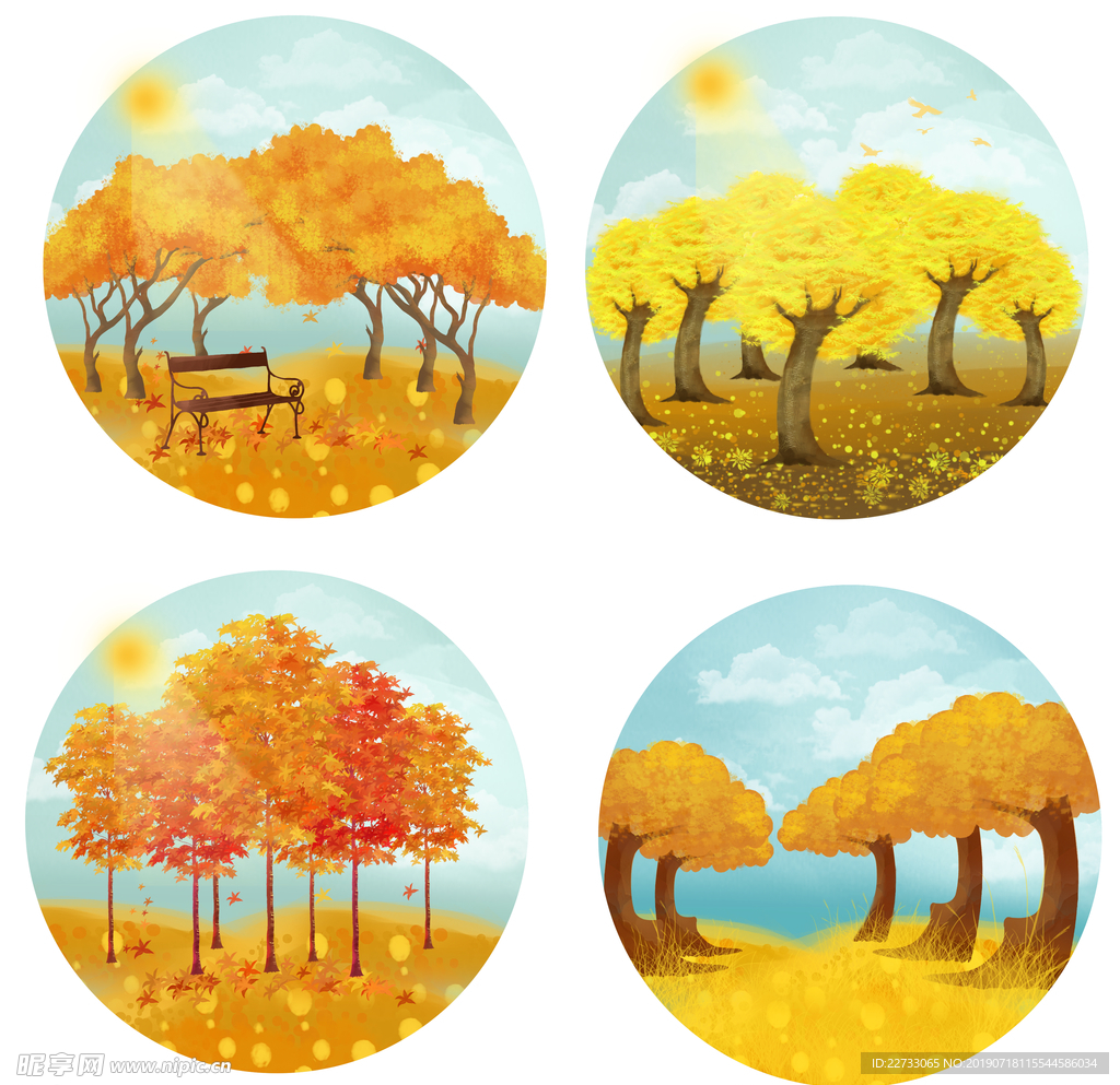 秋天水彩手绘写实秋树树叶
