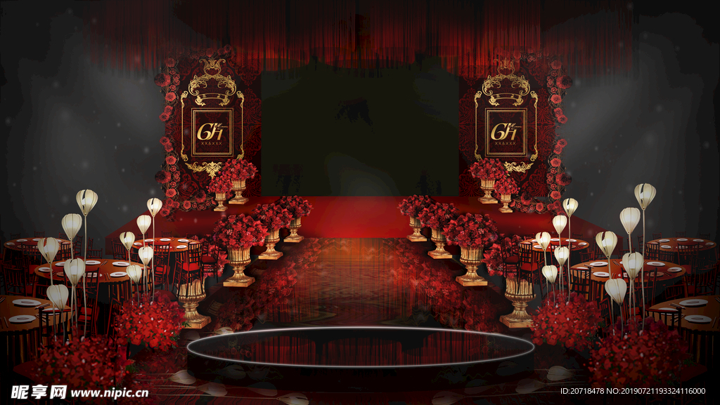 欧式红金色婚礼舞台效果图