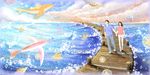 海面长桥上散步的情侣