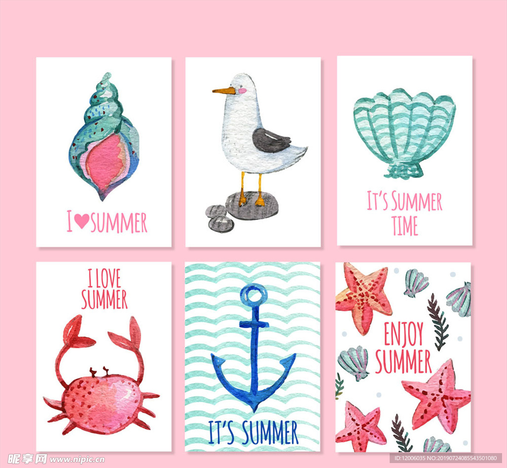 6款水彩绘夏季元素卡片