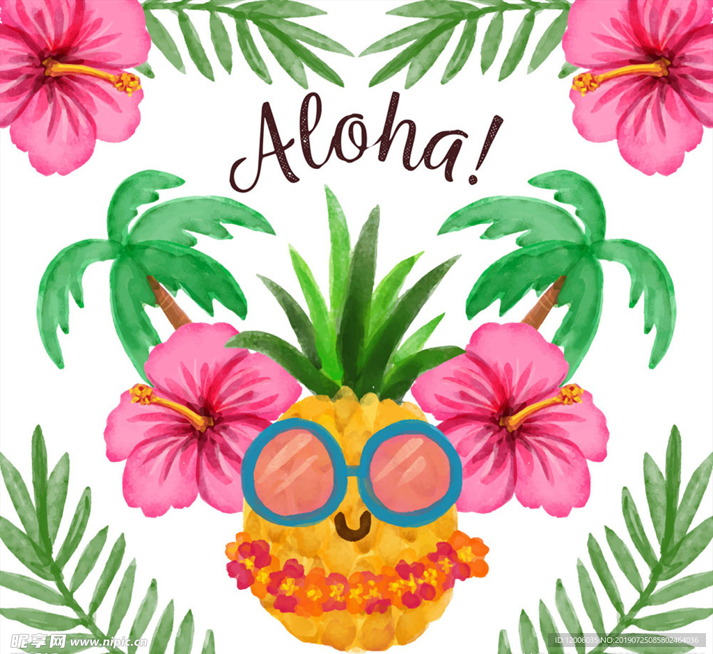 水彩绘夏威夷扶桑花和菠萝