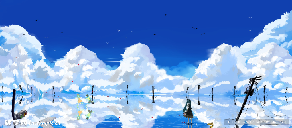 天空白云卡通插画风景