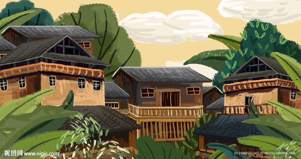 湘西文化房屋风景手绘插画