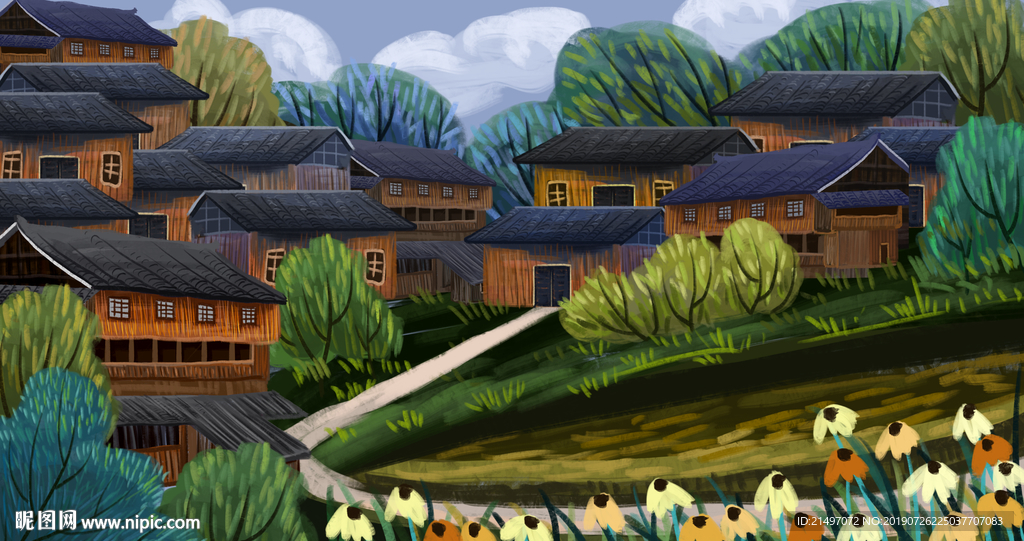 湘西文化房屋风景手绘插画