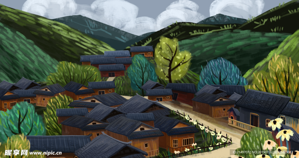 湘西文化风景手绘插画