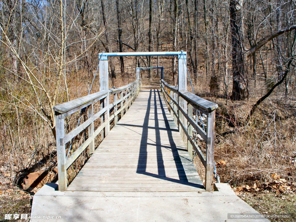 横渡在小河上的长木脚桥梁