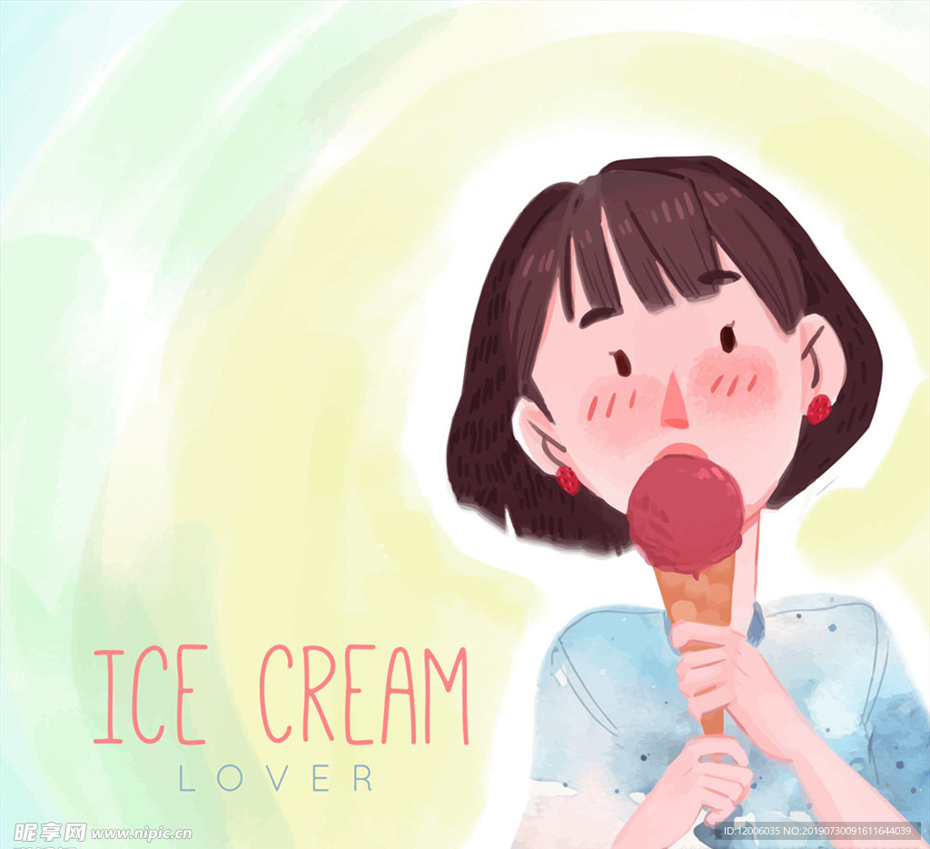 彩绘夏季吃冰淇淋的女子