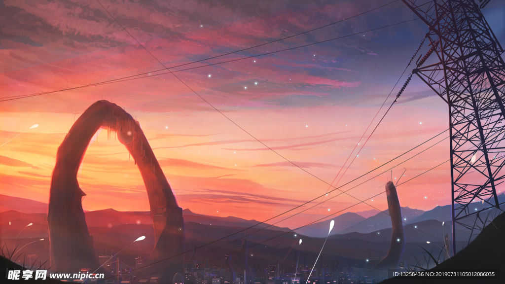 群山晚霞插画背景