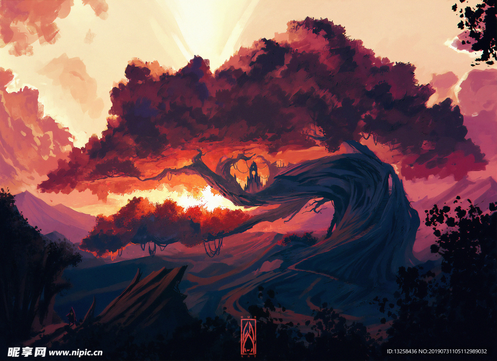 山谷大树插画背景