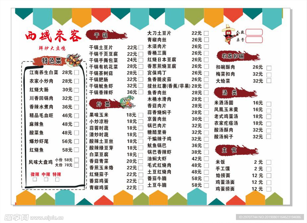 菜单价目表