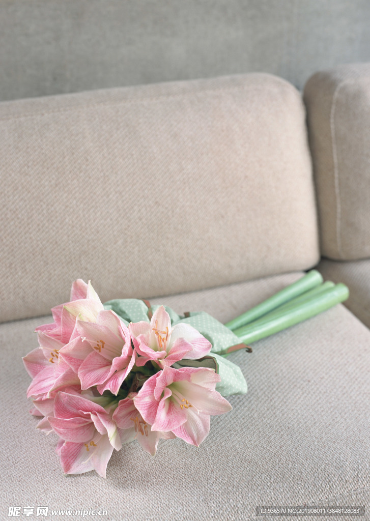沙发上的粉红花朵摄影