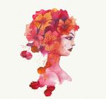 水彩女人头发上花