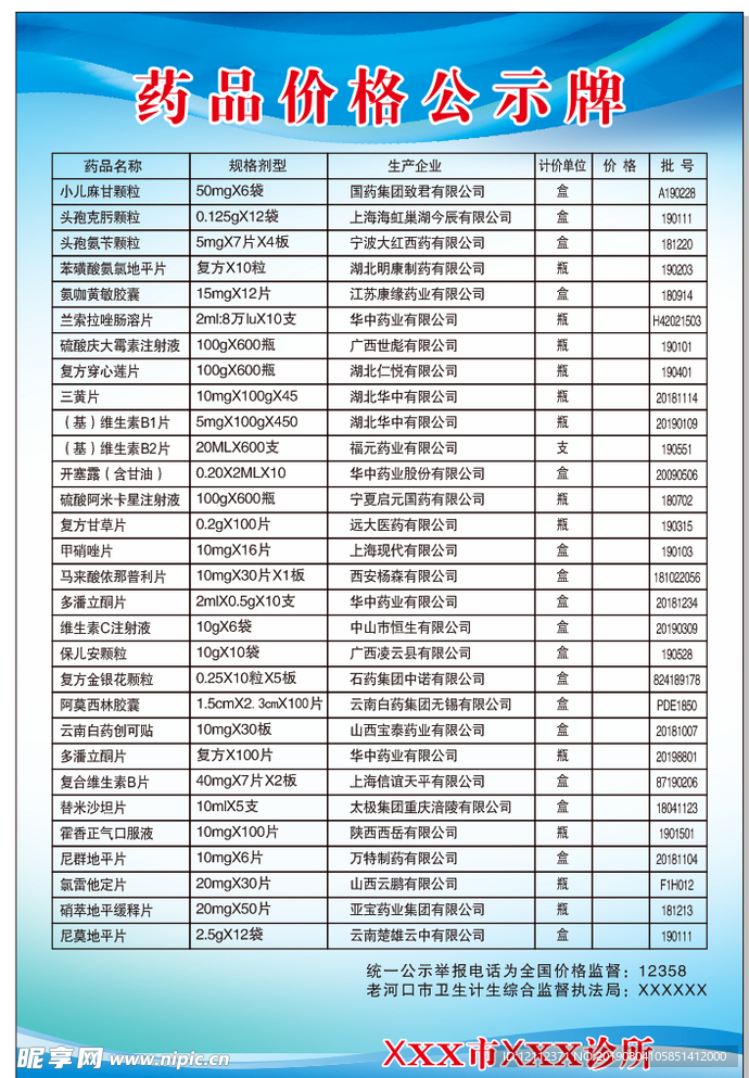 药品价格公示牌