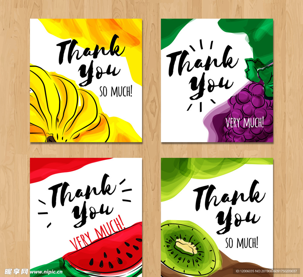 4款彩绘水果感谢卡片