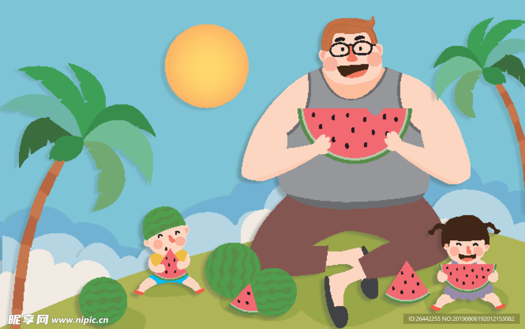夏日吃西瓜插画