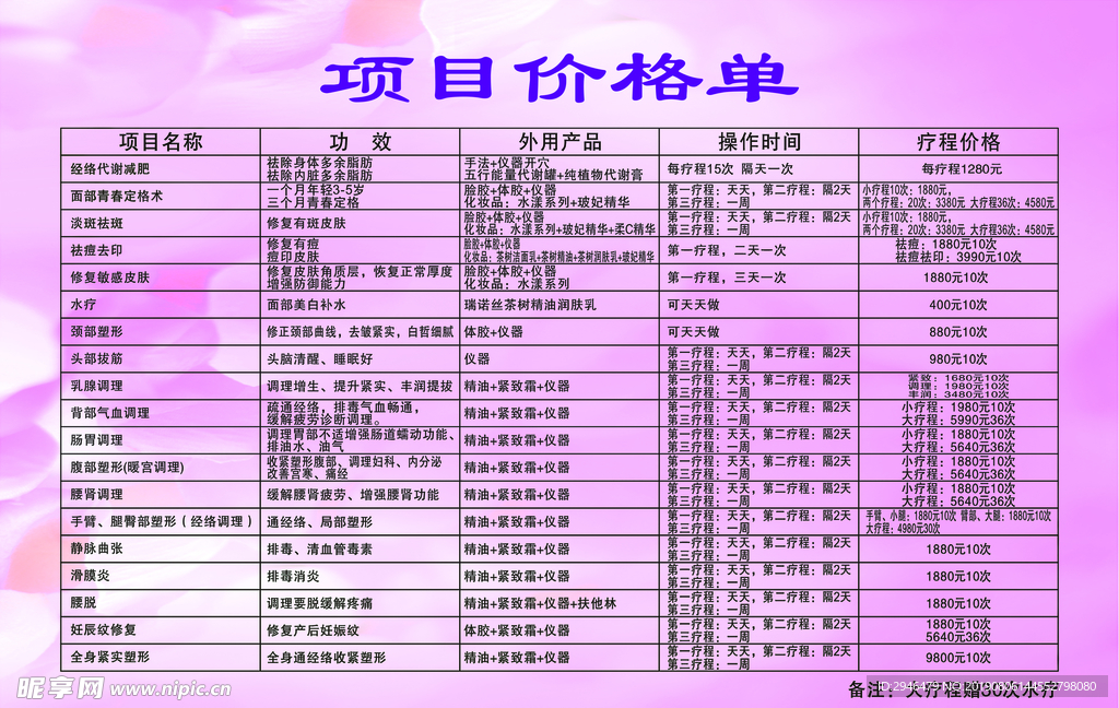 美容价格表