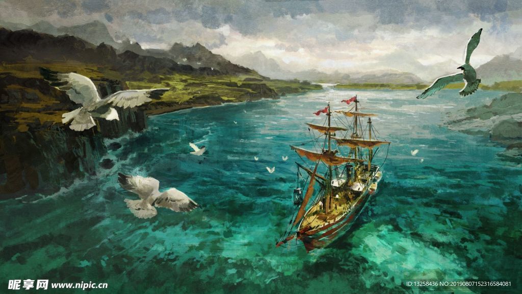 海湾帆船插画背景