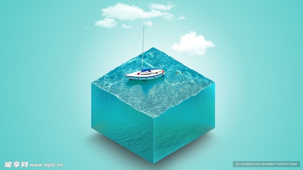 蓝色海水帆船