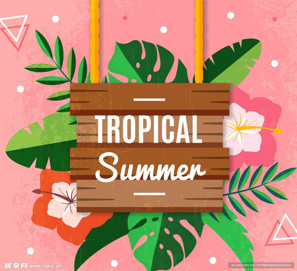做旧热带夏季木牌和花卉矢量图