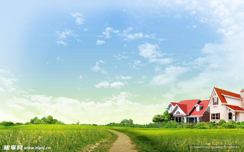高清蓝天白云青草房屋背景
