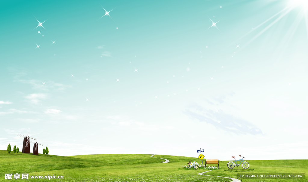 高清蓝天白云青草房屋背景