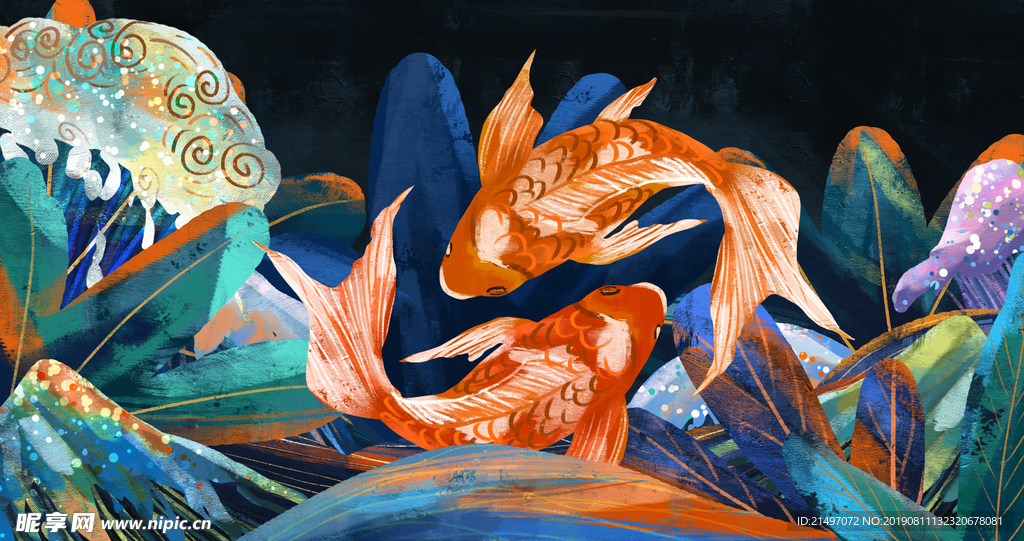 中国风图腾锦鲤手绘插画