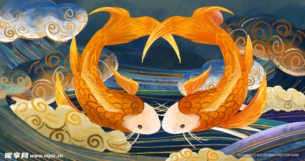 中国风图腾锦鲤手绘插画