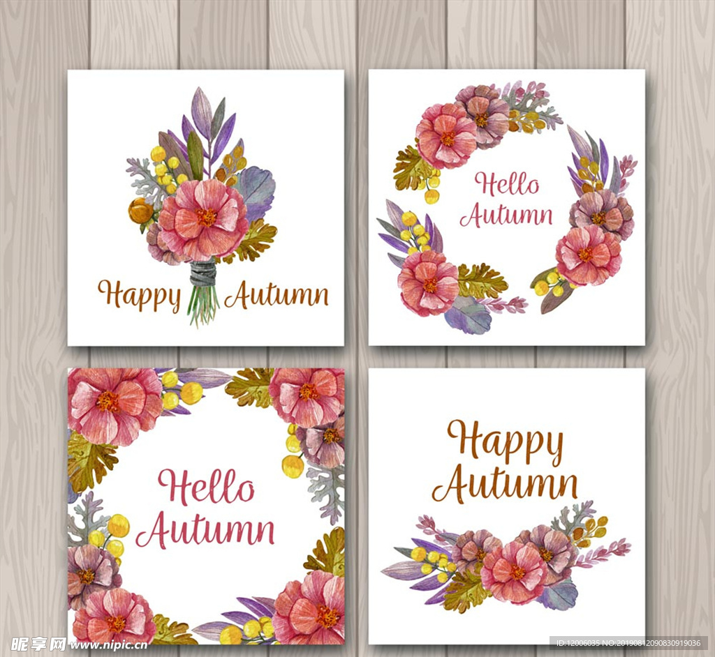 4款彩绘秋季花束和花环卡片