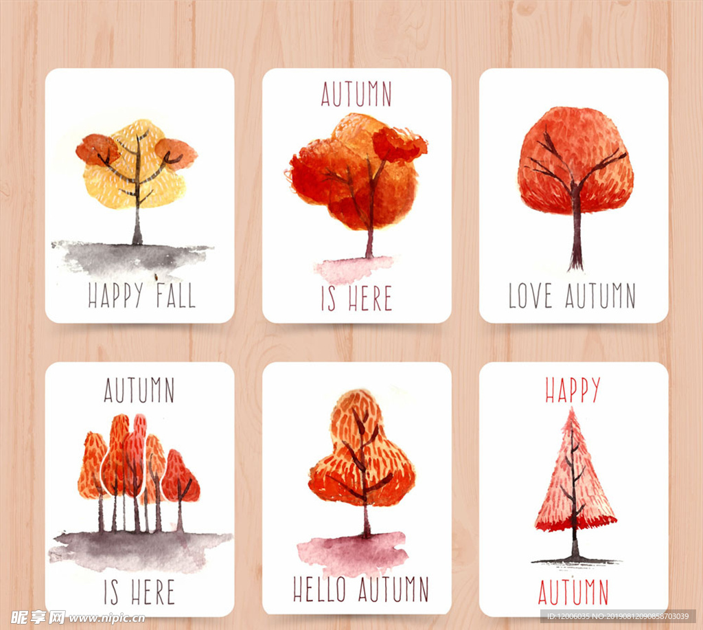 6款水彩绘秋季树木卡片