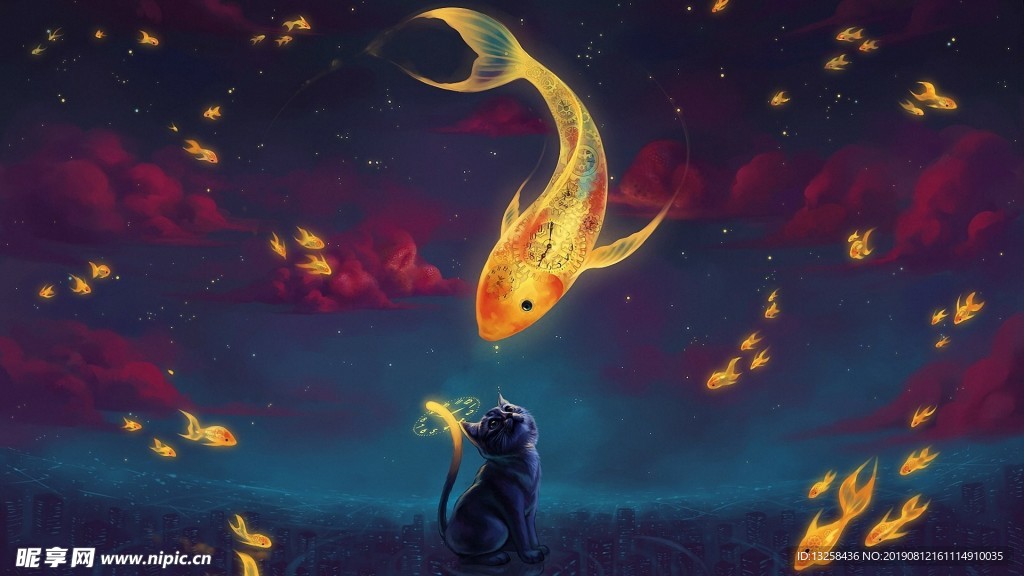 猫咪金鱼插画动漫背景